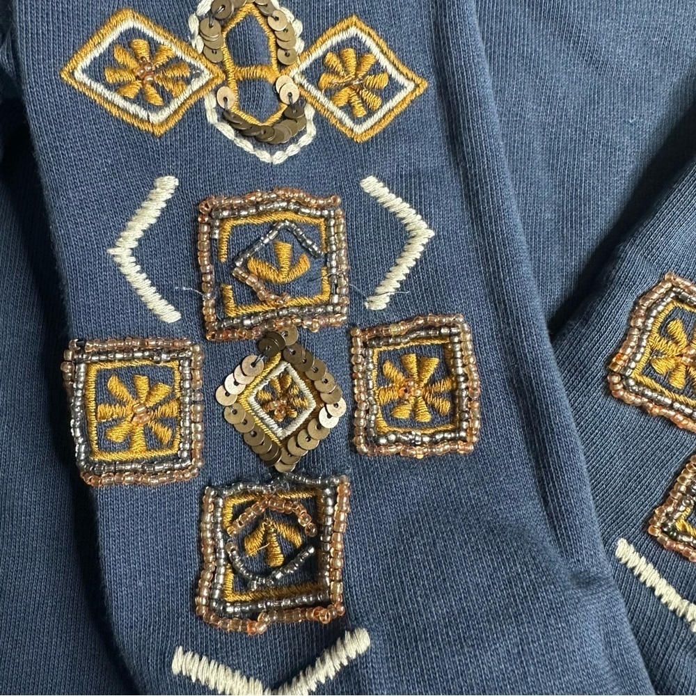Soft Surroundings Beaded Sweatshirt Top Medium Tunic Navy Blue 100% Cotton tan - Picture 6 of 9